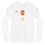 A white long-sleeve SPAIN Football Unisex Long Sleeve Sweater with a red and yellow crest representing SPAIN football.