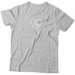 A grey short-sleeve unisex Love Heart With “Hey” t-shirt with a white heart on it.