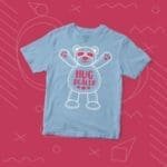 A blue Kids "HUG DEALER" Fine Jersey Tee with a teddy bear on it.