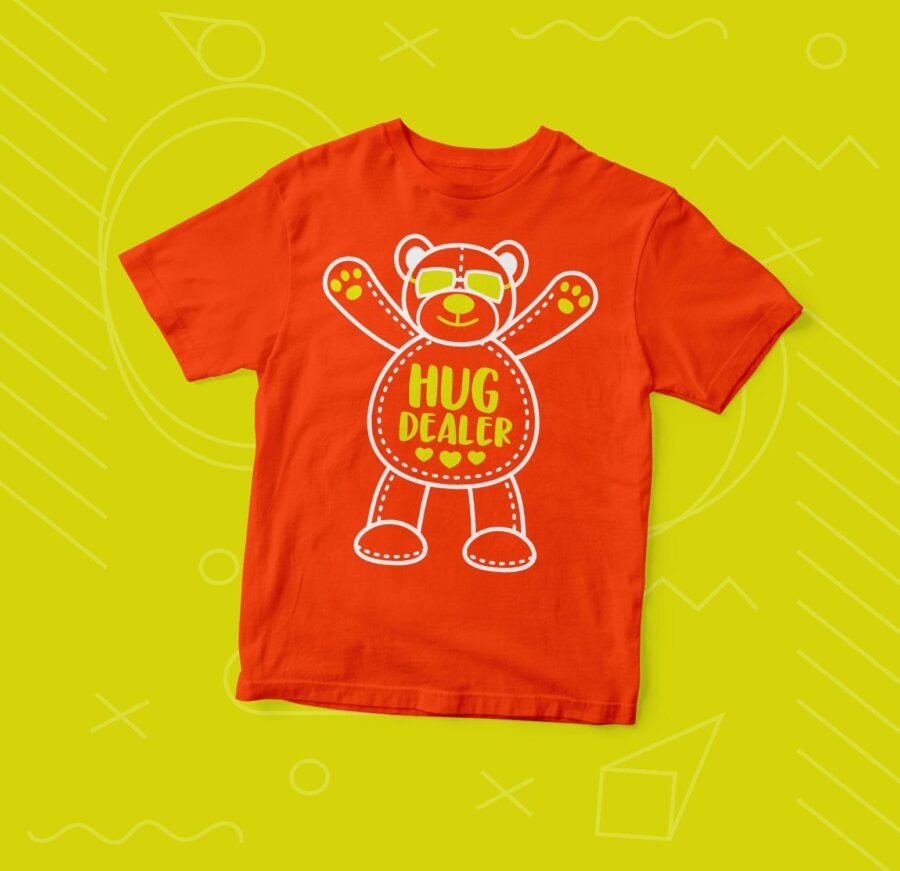 A Kids "HUG DEALER" Fine Jersey Tee featuring a teddy bear design.