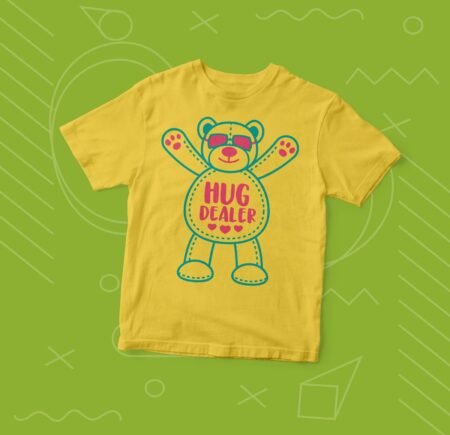 A yellow Kids "HUG DEALER" Fine Jersey Tee with a teddy bear on it.