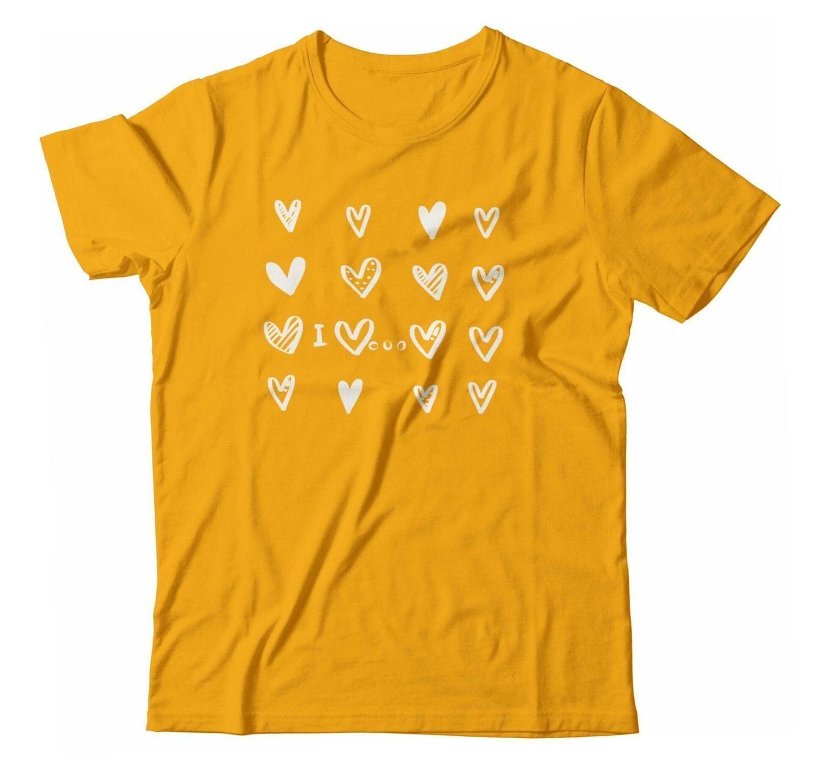 A yellow I LOVE... unisex ultra cotton tee with hearts on it.