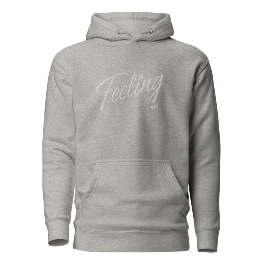 A grey unisex Feeling Love Valentine Embroidery hoodie with "feeling" embroidered on it.