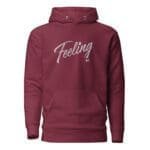 A Feeling Love Valentine Embroidery unisex hoodie with the word "feeling" embroidered on it.