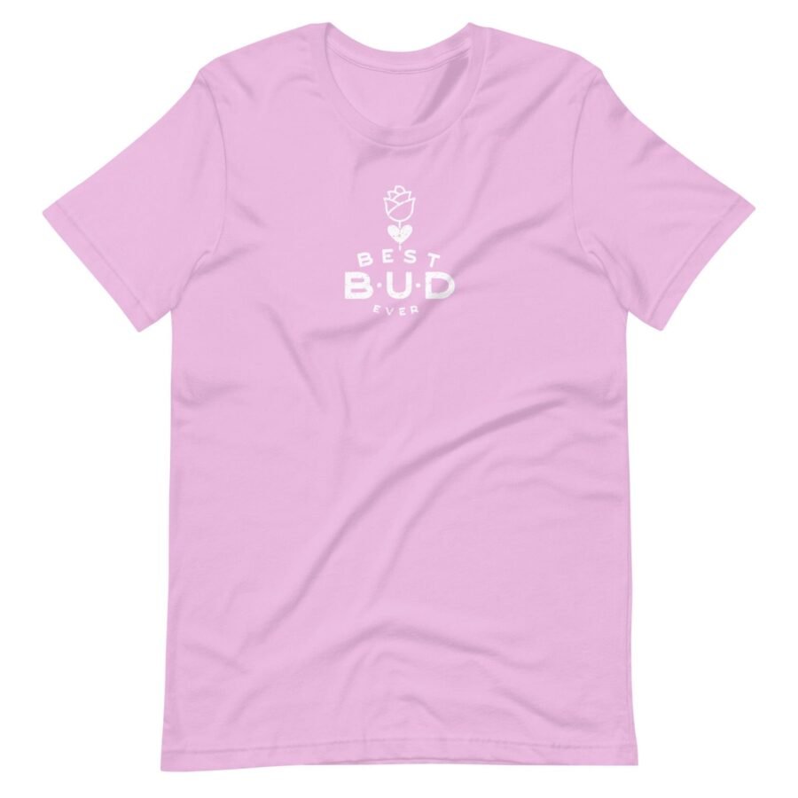 A pink t-shirt with the word "Best Friends Bud(dy) Love" on it, perfect for Best Friends or as a Valentine's tee.