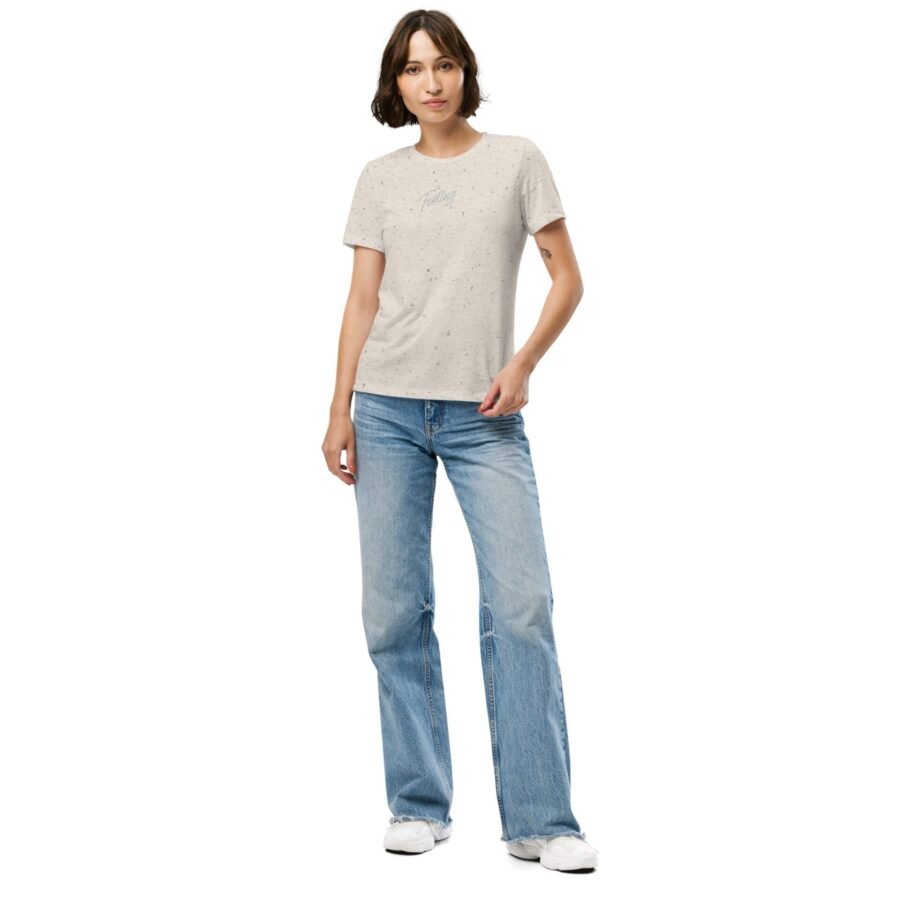 A woman wearing the Feeling Text Design Embroidery Women’s relaxed tri-blend t-shirt.