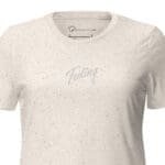 A Feeling Text Design Embroidery women's relaxed tri-blend t-shirt with the word 'feeling' on it.