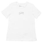 A white Feeling Text Design Embroidery women’s relaxed tri-blend t-shirt with the word 'finging' embroidered on it.