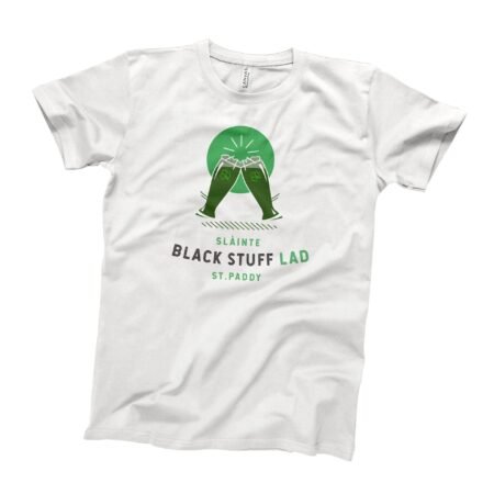 A St. Patrick's Day SLÀINTE Black Stuff Lad tee with "black stuff lab" printed.