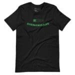 A Loading Shenanigans St.Patricks themed unisex t-shirt with the word shenanigans displayed on a black background.