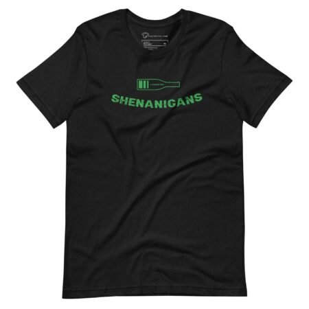 A Loading Shenanigans St.Patricks themed unisex t-shirt with the word shenanigans displayed on a black background.