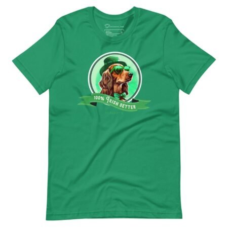 A 100% Irish Setter Dog Design St. Patricks Day unisex t-shirt with an image of a dachshund wearing sunglasses.