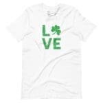 A white LOVE St.Patricks unisex t-shirt with a shamrock.