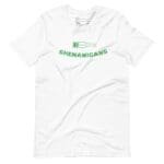 A Loading Shenanigans St.Patricks Unisex white t-shirt featuring the word shenanigans.