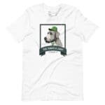 A Fur-tunite & Lucky Irish Wolfhound Dog For St.Patrick's Day Unisex t-shirt with a dog in a green hat.