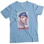 A light blue Independence Day 4th July "ONE SEVEN SEVEN SIX" George Washington Unisex Heavy Cotton Tee with an image of a man wearing sunglasses, perfect for Independence Day celebrations.