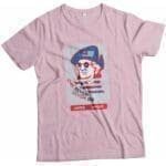A pink Independence Day 4th July "ONE SEVEN SEVEN SIX" George Washington Unisex Heavy Cotton Tee featuring an image of a man wearing sunglasses, ideal for Independence Day.