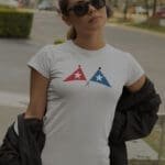 A woman wearing an Independence Day 4th July "Star Flag" Unisex Heavy Cotton Tee representing Independence Day.
