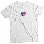 A white Independence Day 4th July "HEART" Unisex Heavy Cotton Tee with an American flag heart on it for Independence Day.