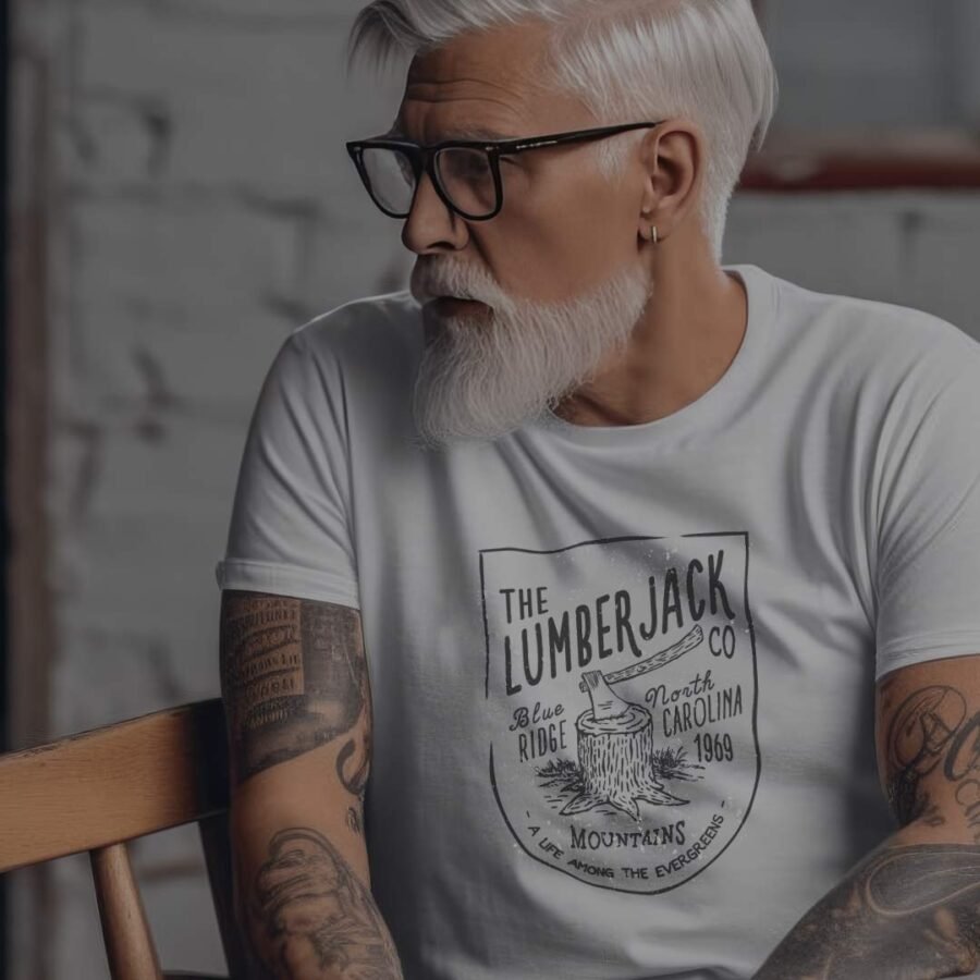 A man wearing a LUMBERJACK A Life Among The Ever Greens Unisex T-Shirt.