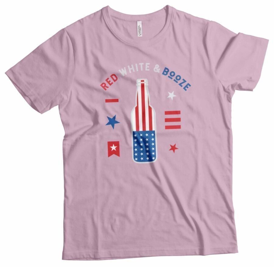 Independence Day 4th July "RED WHITE AND BOOZE" Unisex Heavy Cotton Tee featuring a pink t-shirt with the words "RED WHITE AND BEER.