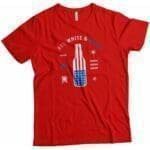 A "Independence Day 4th July RED WHITE AND BOOZE" Unisex Heavy Cotton Tee with an American flag and a beer bottle.
