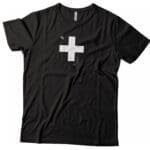 A black Precision Swiss Cross Helvetica T-shirt Unisex Heavy Cotton Tee with a white Swiss cross on it.