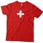 A red Precision Swiss Cross Helvetica T-shirt Unisex Heavy Cotton Tee.