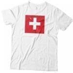 A Precision Swiss Cross Helvetica T-shirt featuring the Swiss flag design.