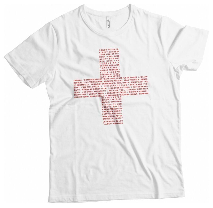 A white Swiss Cross With Names Of Famous Swiss Personalities Switzerland / Helvetica t-shirt with a red Swiss cross design.
