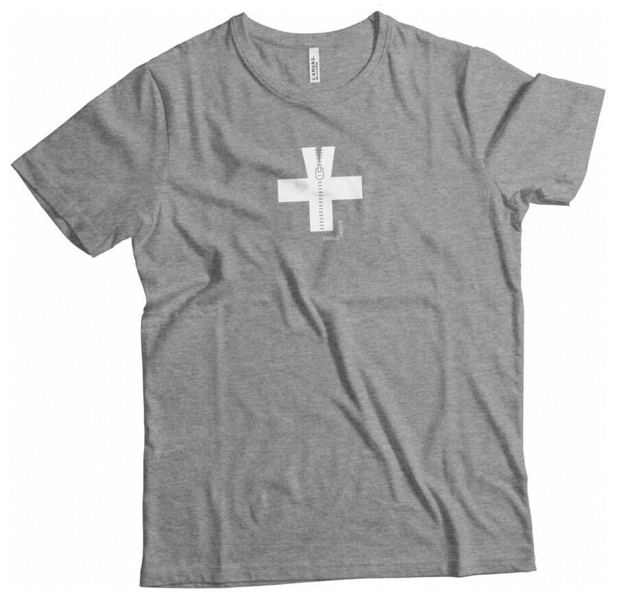 A grey Swiss Cross Zip Design T-Shirt with a white Swiss cross on it.