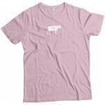 A pink Swiss Cow Icon Design T-shirt Unisex Heavy Cotton Tee with a white Swiss cow on it.