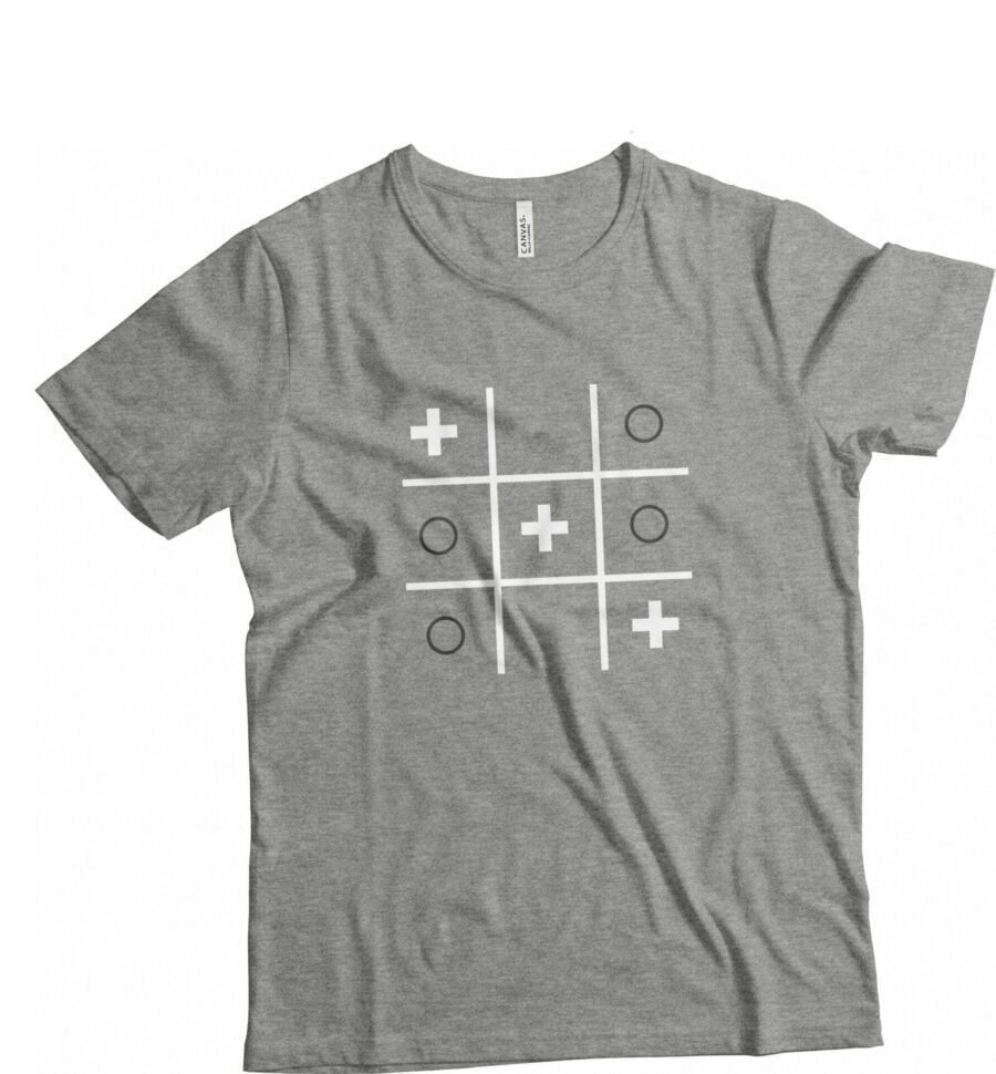 A grey Tic-Tac-Toe Noughts & Swiss Cross Helvetica T-Shirts Unisex Heavy Cotton Tee featuring a tic tac toe game design.
