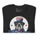 A black t-shirt featuring the Independence Day 4th July | ALL AMERICAN BULLDOG | Unisex Heavy Cotton Tee wearing an American hat.