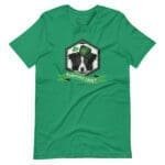 A Pawsitively Lucky St. Patricks Day Boarder Collie Dog unisex t-shirt featuring a dog in a shamrock hat with green color.