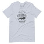 A unisex OUTDOOR LONELY WOLF Hunter T-Shirt with a white "lonewolf adventure" design for outdoor enthusiasts.