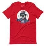 An Independence Day 4th July ALL AMERICAN BULLDOG wearing a patriotic hat on a red t-shirt.