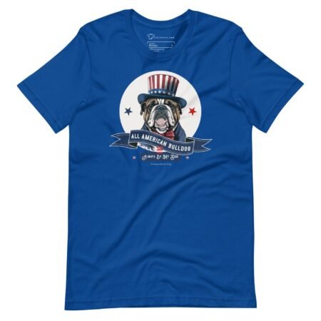 A patriotic Independence Day 4th July | ALL AMERICAN BULLDOG | Unisex Heavy Cotton Tee featuring the American flag, perfect for Independence Day.
