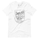 The LUMBERJACK A Life Among The Ever Greens logo on a white unisex t-shirt.