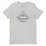 A Chill and Grill Camping Thrill Unisex T-Shirt in gray for camping, featuring the phrase "grill and chill".