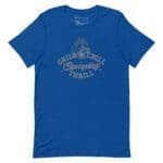 A blue Chill and Grill Camping Thrill unisex t-shirt with the words "grill chill" for camping and BBQ enthusiasts.