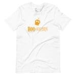 A Halloween-themed white Halloween BOO-nicorn Unisex t-shirt with the word boo-corn on it.