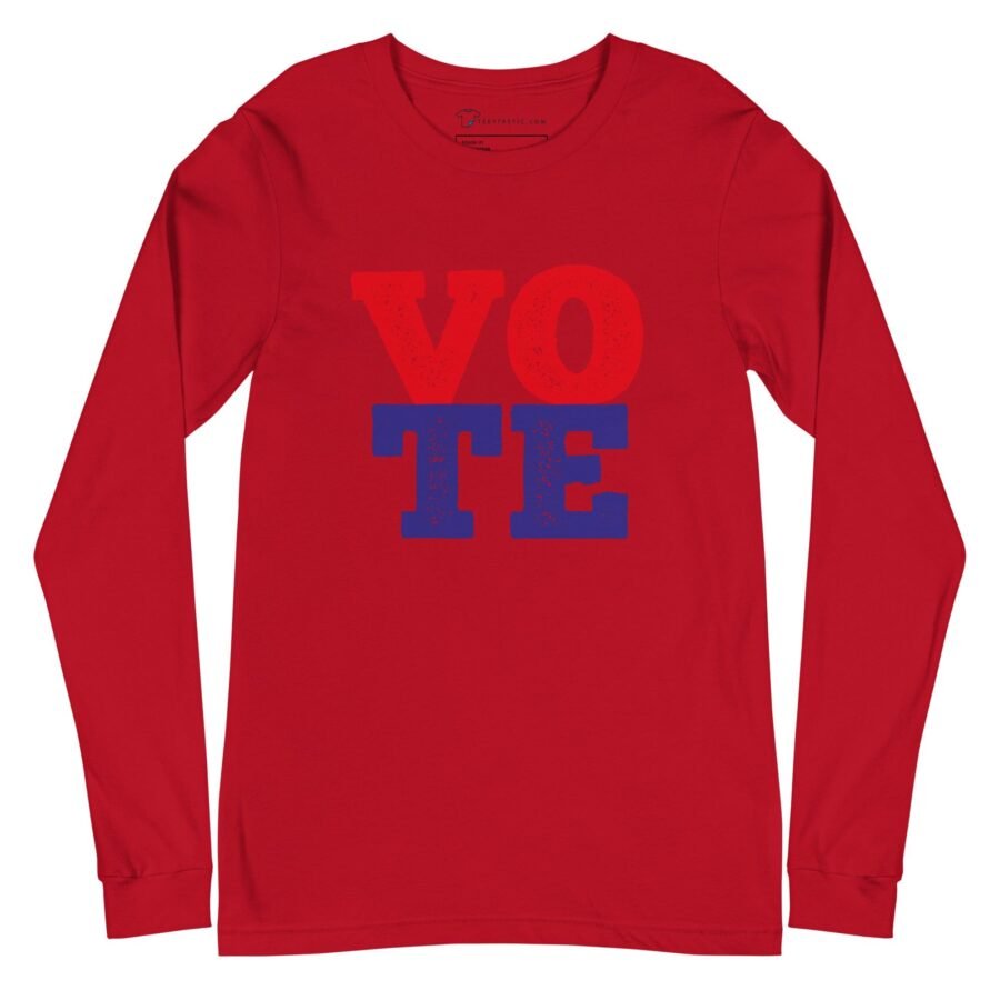 A Vote | Elections 2024 | Unisex Long Sleeve Tee featuring the word "vote" in blue and red.
