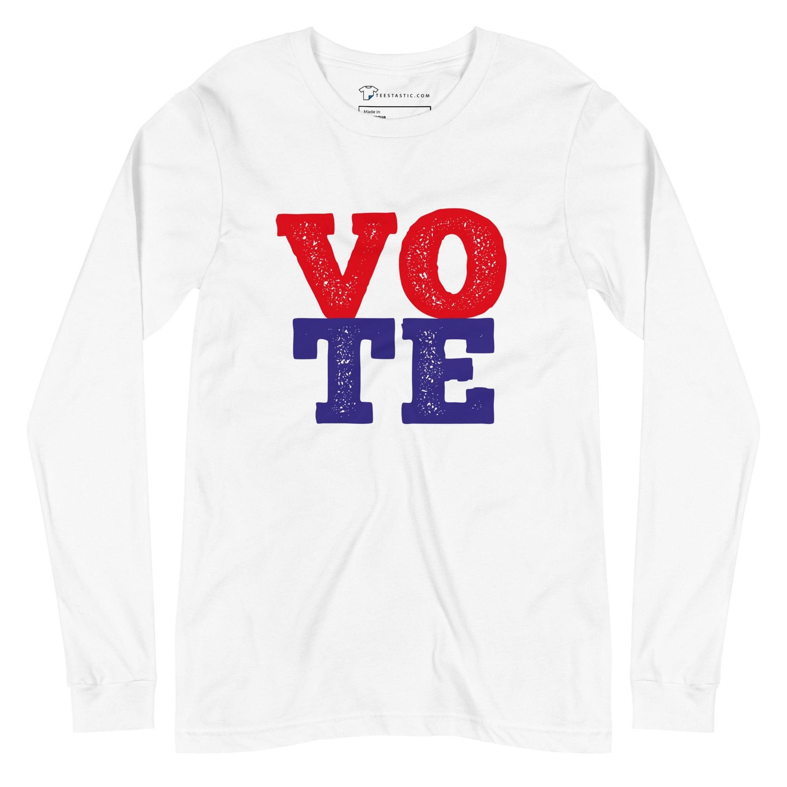 A white Vote | Elections 2024 | Unisex Long Sleeve Tee with the word "vote" for Elections 2024.