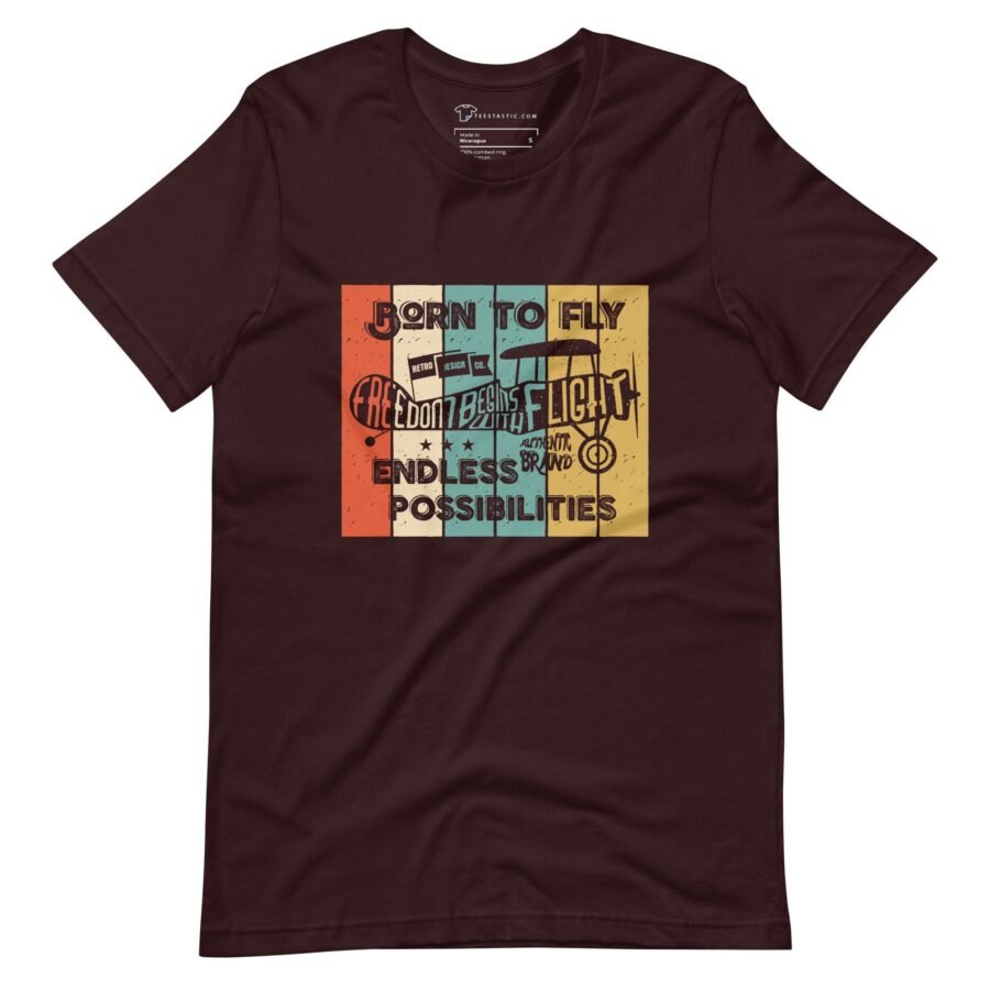 A burgundy Born To Fly | Unisex t-shirt | Aviation Enthusiasts with a quote "Born To Fly" on it.