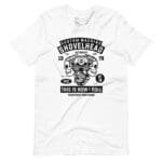 A Custom Machine Motorcycle Engine Skull Unisex t-shirt featuring a shovelhead motorcycle engine.