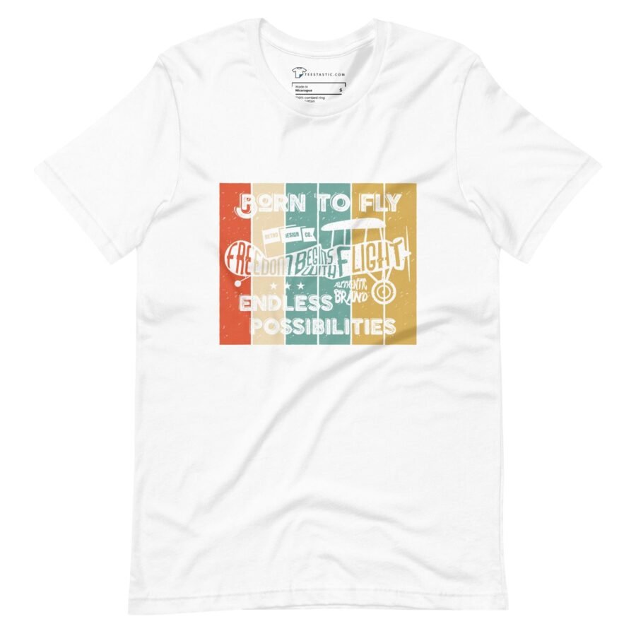 A white Born To Fly | Unisex t-shirt | Aviation Enthusiasts with a Born To Fly image.