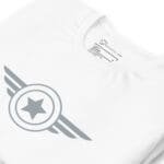 A white sweatshirt with a silver logo featuring the Airforce Star Wings Badge.