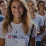A woman wearing a Red Public | Elections 2024 | Unisex Heavy Cotton Tee.