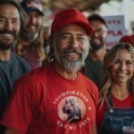 Group of smiling people at an event, one man in front wearing a red TRUMP-INATOR | Elections 2024 | Unisex Cotton Tee.